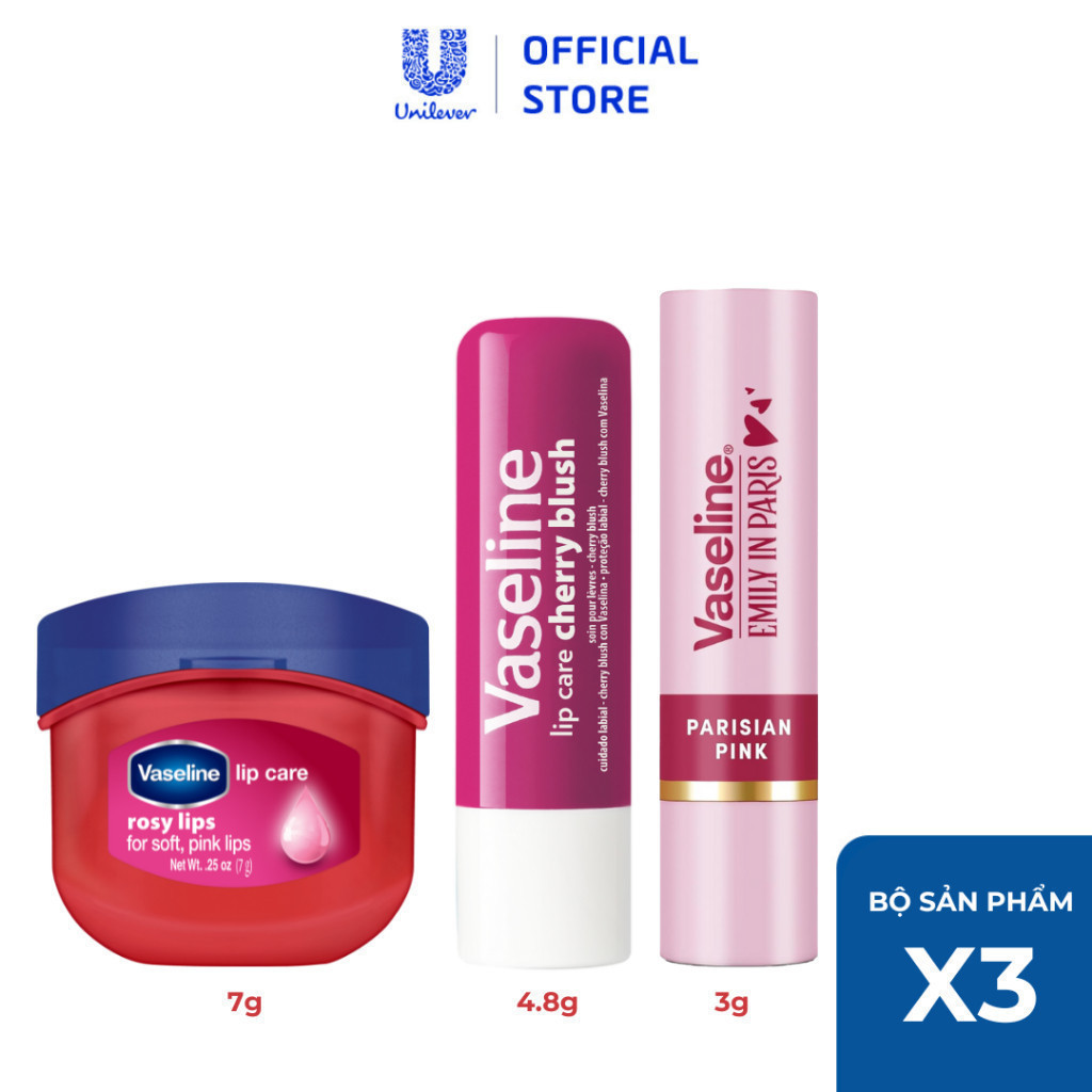 Combo son môi Vaseline Hot gồm: Son dưỡng dạng thỏi 4.8g và Sáp dưỡng hũ 7g và Son màu Emily In Paris 3g (Tuỳ chọn)