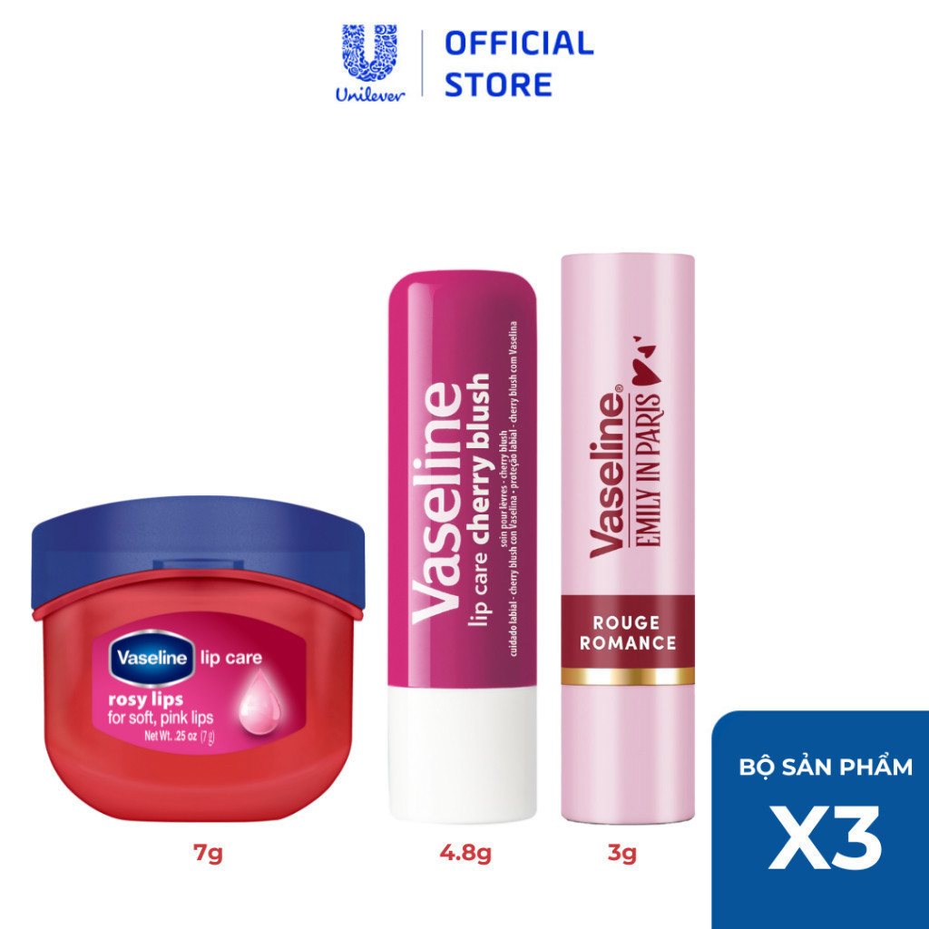 Combo son môi Vaseline Hot gồm: Son dưỡng dạng thỏi 4.8g và Sáp dưỡng hũ 7g và Son màu Emily In Paris 3g (Tuỳ chọn)