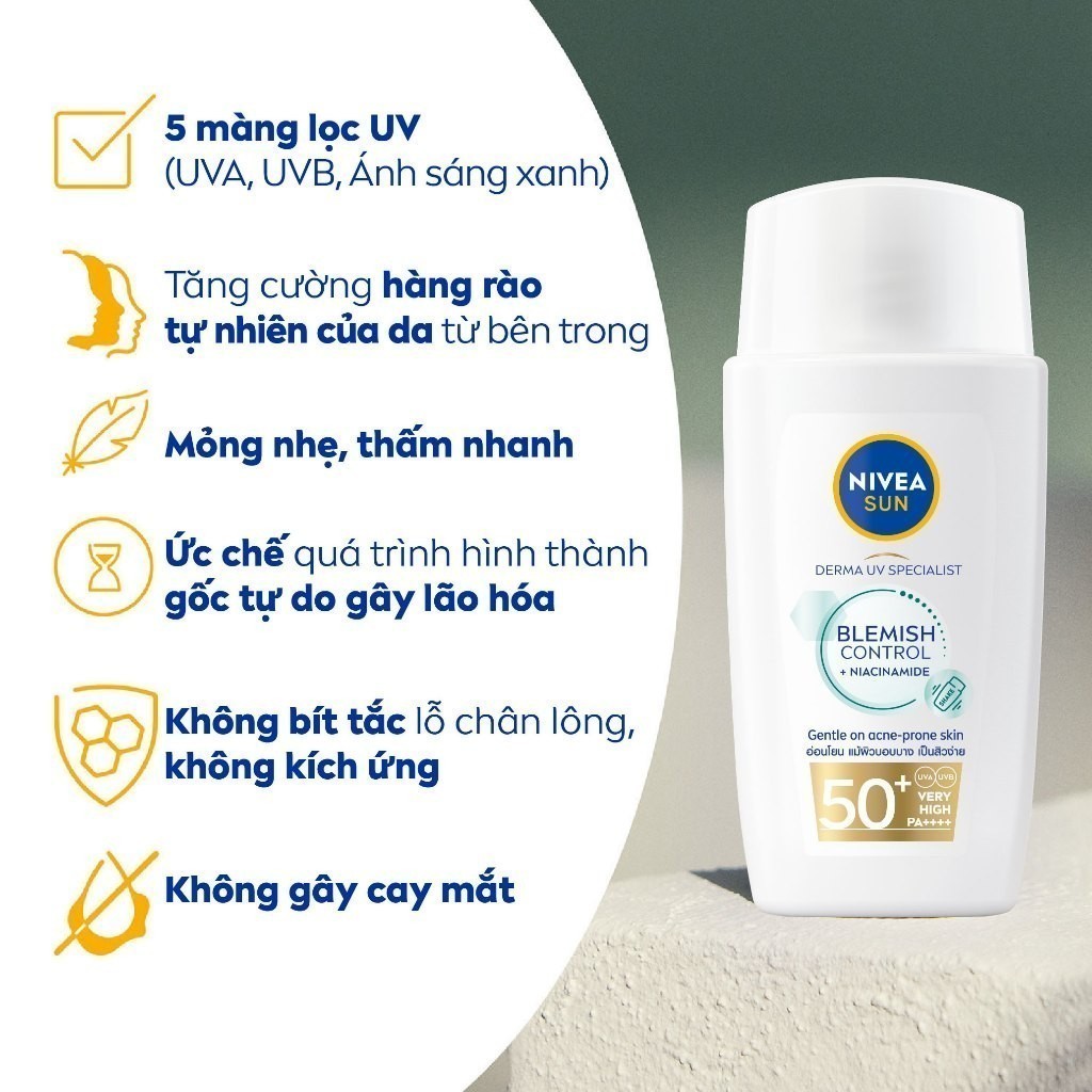 Sữa Chống Nắng NIVEA SUN Derma Blemish Control Kiềm Dầu Ngừa Mụn SPF50+ 40ml - 95147 | BigBuy360 - bigbuy360.vn