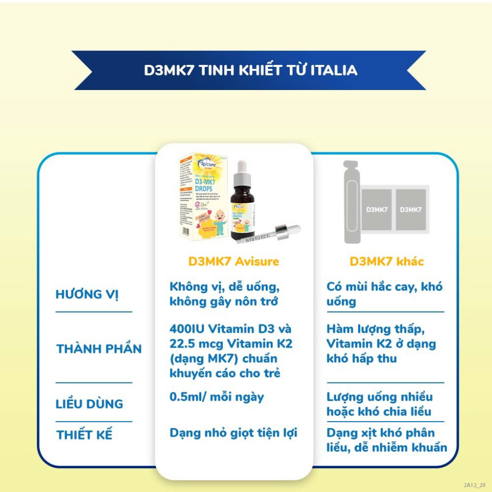 Vitamin D3 K2 tinh khiết Italia Avisure D3MK7 giúp bé cao lớn, ngủ ngon 20ml
