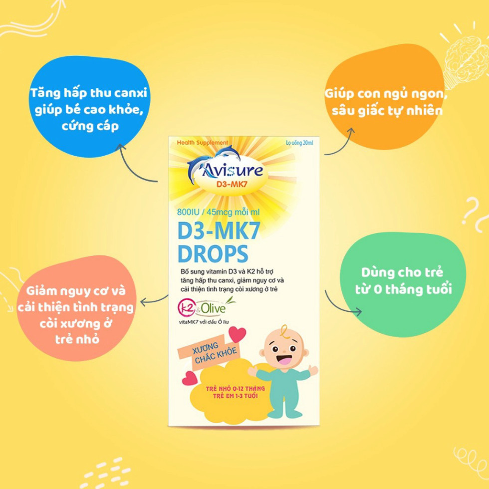 Vitamin D3 K2 tinh khiết Italia Avisure D3MK7 giúp bé cao lớn, ngủ ngon 20ml