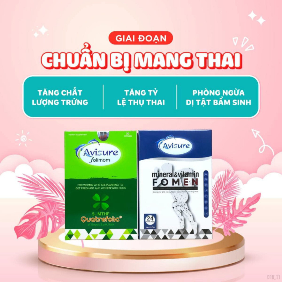 Bộ đôi bổ trứng - bổ trùng Avisure Folimom - Fomen hỗ trợ sinh sản cho cặp đôi 30 viên (che tên)