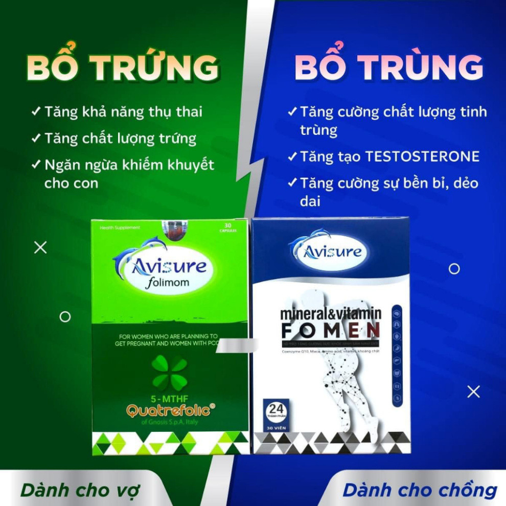 Bộ đôi bổ trứng - bổ trùng Avisure Folimom - Fomen hỗ trợ sinh sản cho cặp đôi 30 viên (che tên)