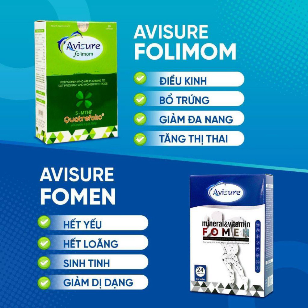 Bộ đôi bổ trứng - bổ trùng Avisure Folimom - Fomen hỗ trợ sinh sản cho cặp đôi 30 viên (che tên)