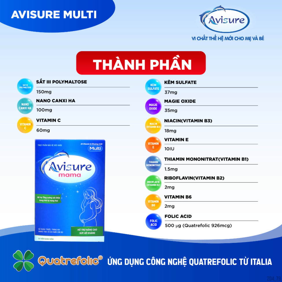 Vitamin Tổng Hợp Cho Bà Bầu Avisure Mama, Quatrefolic Chuẩn Châu Âu Hỗ Trợ Phòng Dị Tật Thai Nhi