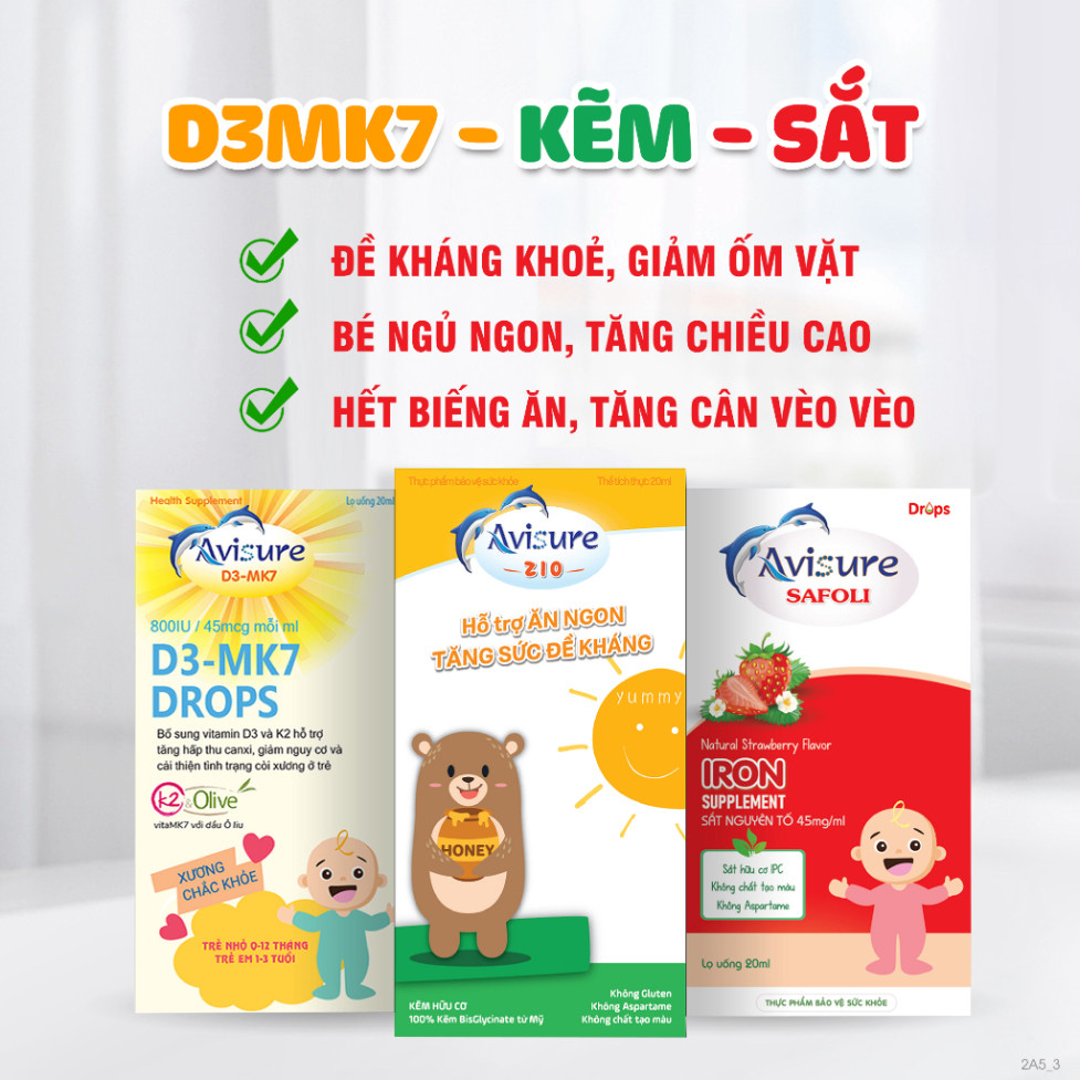 Tích điểm đổi quà - Bộ ba Avisure D3MK7 - Safoli Drop - ZiO bổ sung d3k2 tinh khiết, sắt kẽm sinh học cho bé 20ml