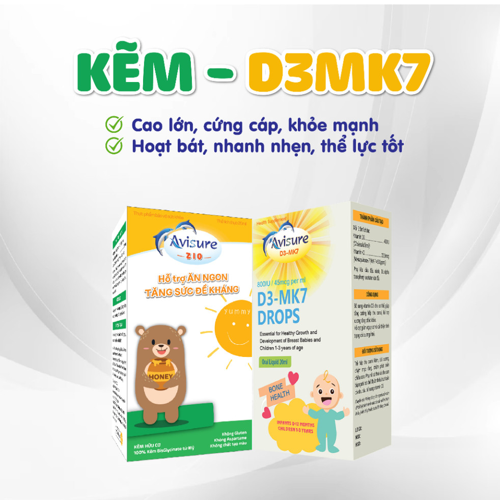 Tích điểm đổi quà - Bộ ba Avisure D3MK7 - Safoli Drop - ZiO bổ sung d3k2 tinh khiết, sắt kẽm sinh học cho bé 20ml