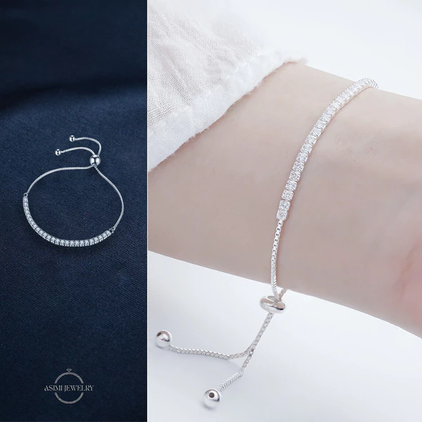 Lắc tay bạc rút chuỗi đá trơn Zircon Asimi Gem Rope LT16 - đeo trên mẫu