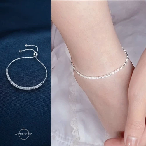Lắc chân bạc rút chuỗi đá trơn Zircon Asimi Gem Rope LC03 - đeo trên mẫu