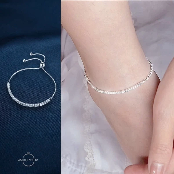 L ắc chân bạc rút chuỗi đá trơn Zircon Asimi Gem Rope LC03 - đeo trên mẫu