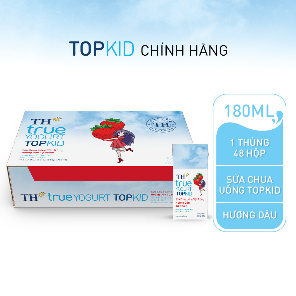 Thùng Sữa Chua Uống Tiệt Trùng TH true YOGURT TOPKID milk Hương Dâu Tự Nhiên 180ml (48 Hộp)