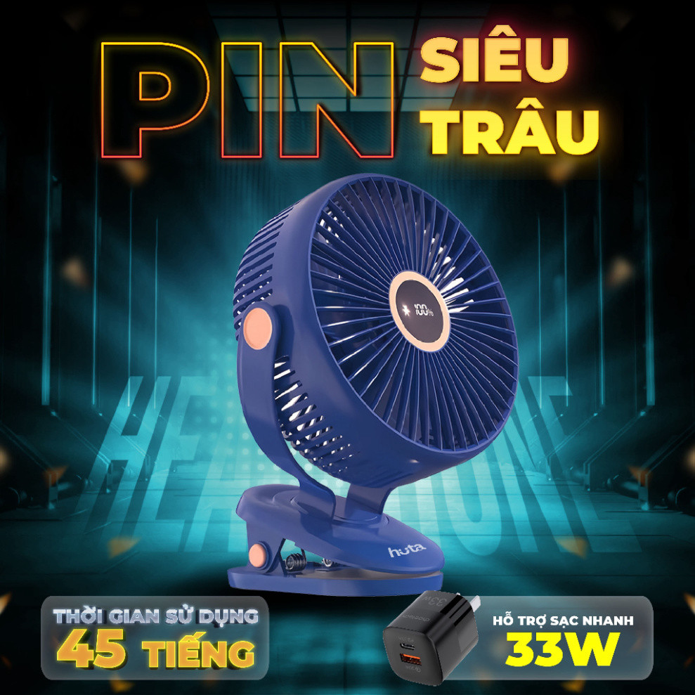 Quạt Tích Điện Kẹp Loại To HUTA Q22 Pin Trâu.Quạt Tích Điện Pin Khoẻ, Đèn RGB, Màn hình LED, Lồng Quạt 22Cm
