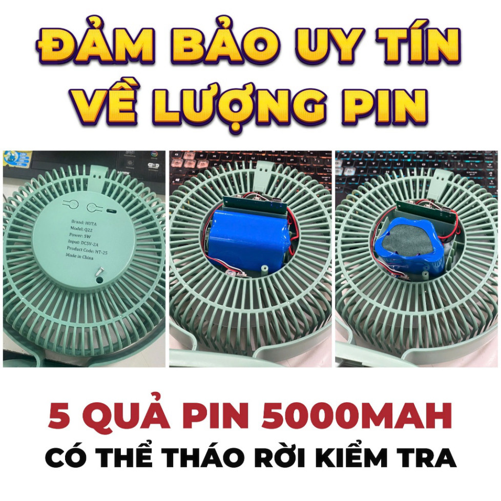 Quạt Tích Điện Kẹp Loại To HUTA Q22 Pin Trâu.Quạt Tích Điện Pin Khoẻ, Đèn RGB, Màn hình LED, Lồng Quạt 22Cm