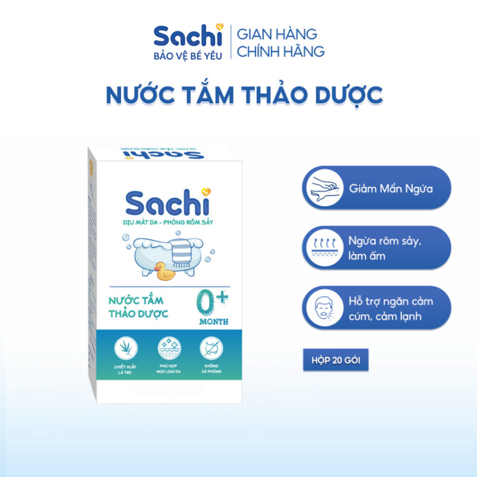 [NEW] Nước Tắm Thảo Dược SACHI Giảm Mẩn Ngứa, Ngừa Rôm Sảy, Làm Ấm Hỗ Trợ Ngăn Cảm Cúm, Cảm Lạnh Cho Bé Lọ - Hộp 20 Gói