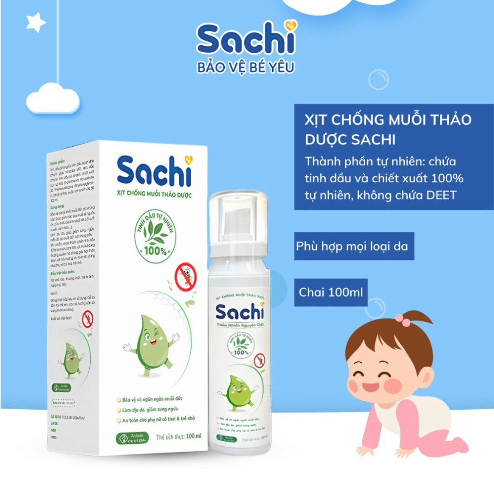 Xịt Chống Muỗi SACHI Thảo Dược An Toàn Lành Tính Chai 100ml Bảo Vệ Da Khỏi Muỗi An Toàn Cho Bé