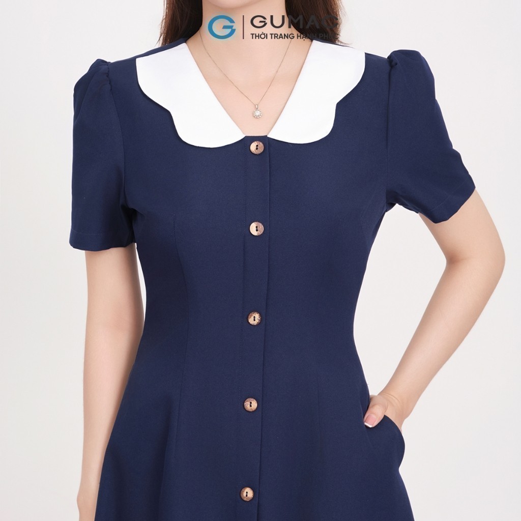 Đầm Dáng A Nữ GUMAC Váy Công Sở Phối Bâu Trắng Dáng Dài Qua Gối Nhẹ Nhàng Nữ Tính LDD1214