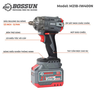 Máy siết bulong pin BOSSUN IW400N Màu XÁM, Lực siết: 400Nm, 2 PIN 15CELL, Đầu Bulong 2 in 1