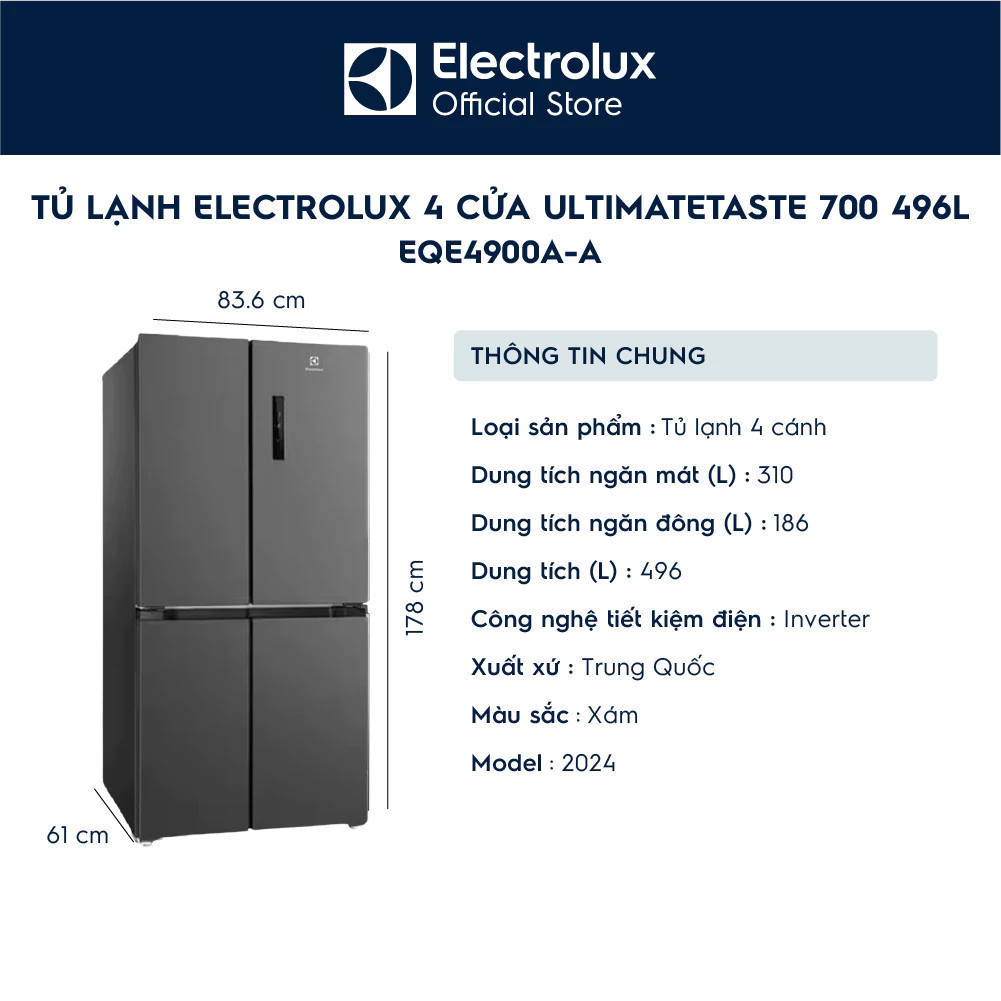 Free giao hàng - Tủ lạnh 4 cửa Electrolux 496L EQE4900A-A - sang trọng, EvenTemp tiết kiệm điện, cấp đông nhanh