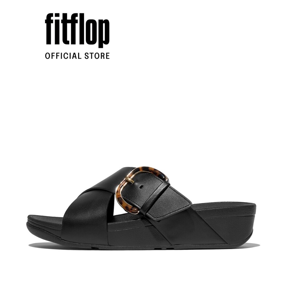 Dép Xăng Đan Nữ FitFlop Da LULU Khóa Nhựa Chéo - All Black - JE8-090