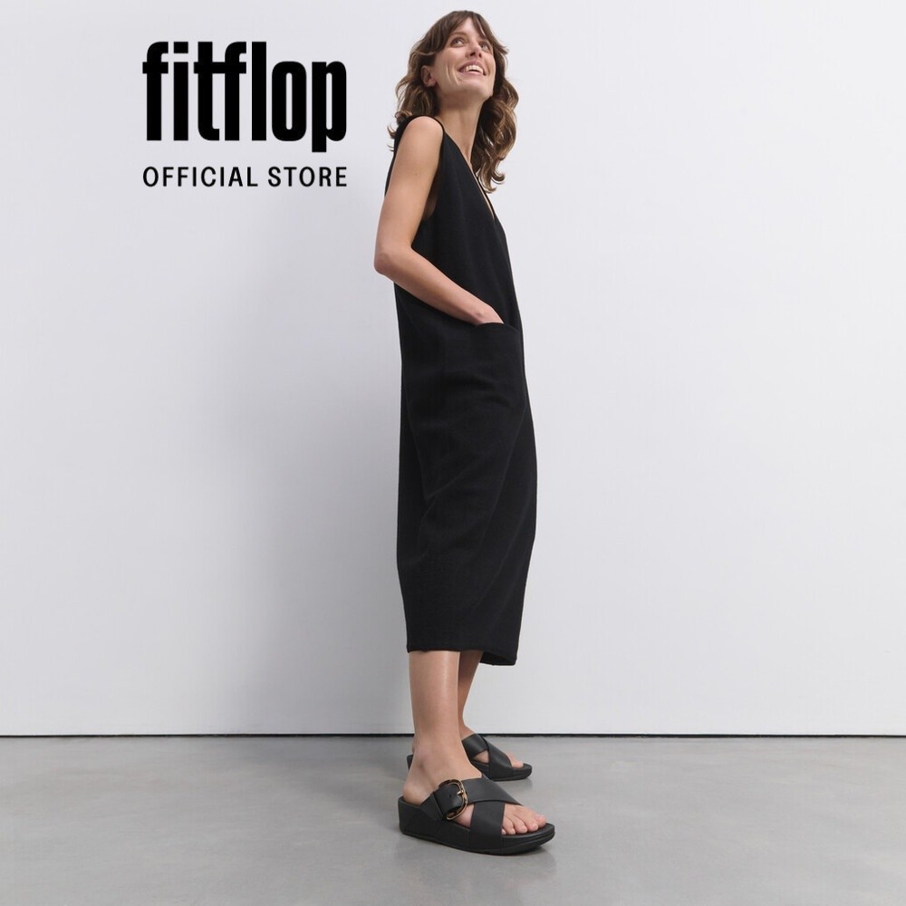 Dép Xăng Đan Nữ FitFlop Da LULU Khóa Nhựa Chéo - All Black - JE8-090