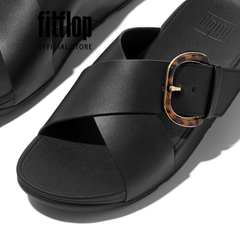 Dép Xăng Đan Nữ FitFlop Da LULU Khóa Nhựa Chéo - All Black - JE8-090