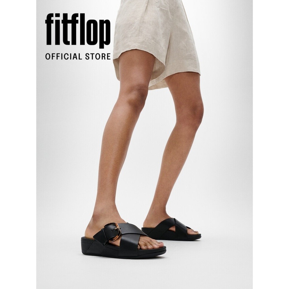 Dép Xăng Đan Nữ FitFlop Da LULU Khóa Nhựa Chéo - All Black - JE8-090