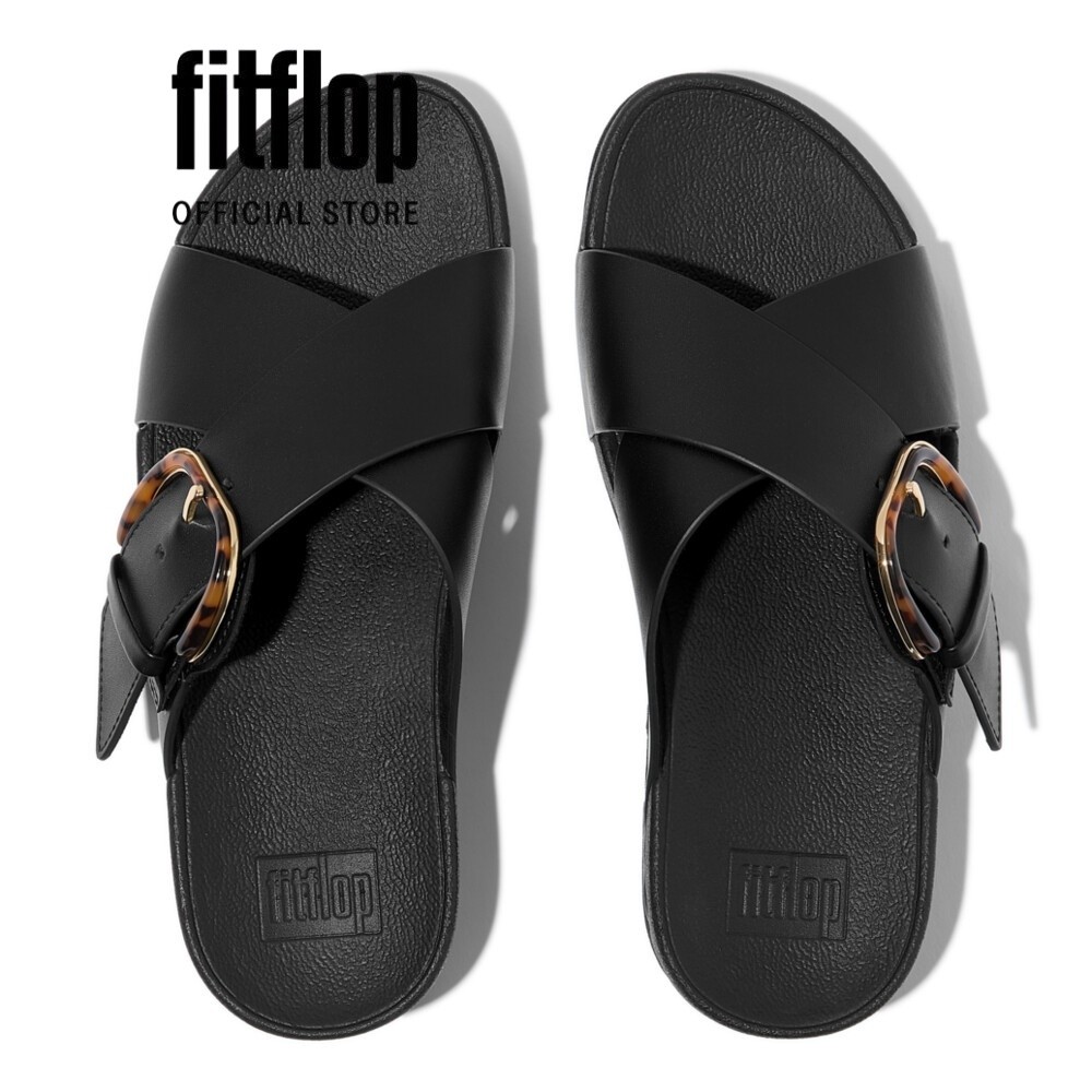 Dép Xăng Đan Nữ FitFlop Da LULU Khóa Nhựa Chéo - All Black - JE8-090