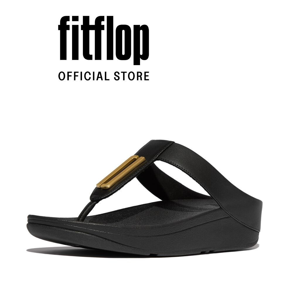 Dép Xăng Đan Nữ FitFlop Da FINO Viền Vàng Xỏ Ngón - Black - FON - IU6-090