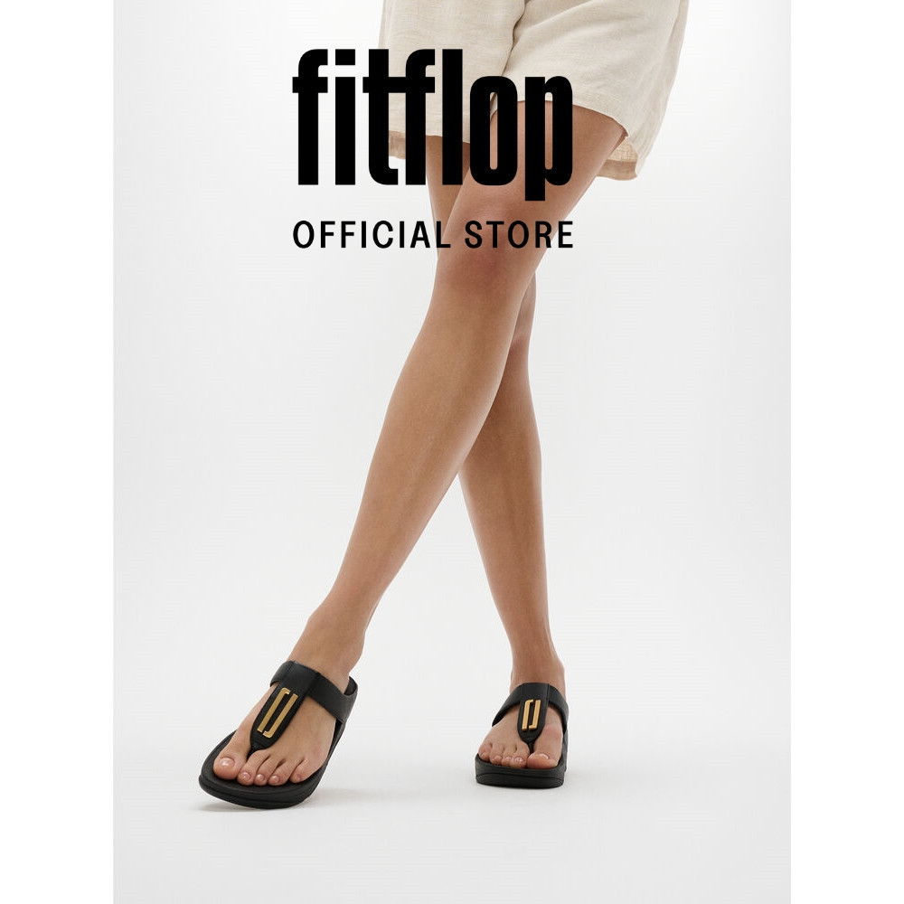Dép Xăng Đan Nữ FitFlop Da FINO Viền Vàng Xỏ Ngón - Black - FON - IU6-090