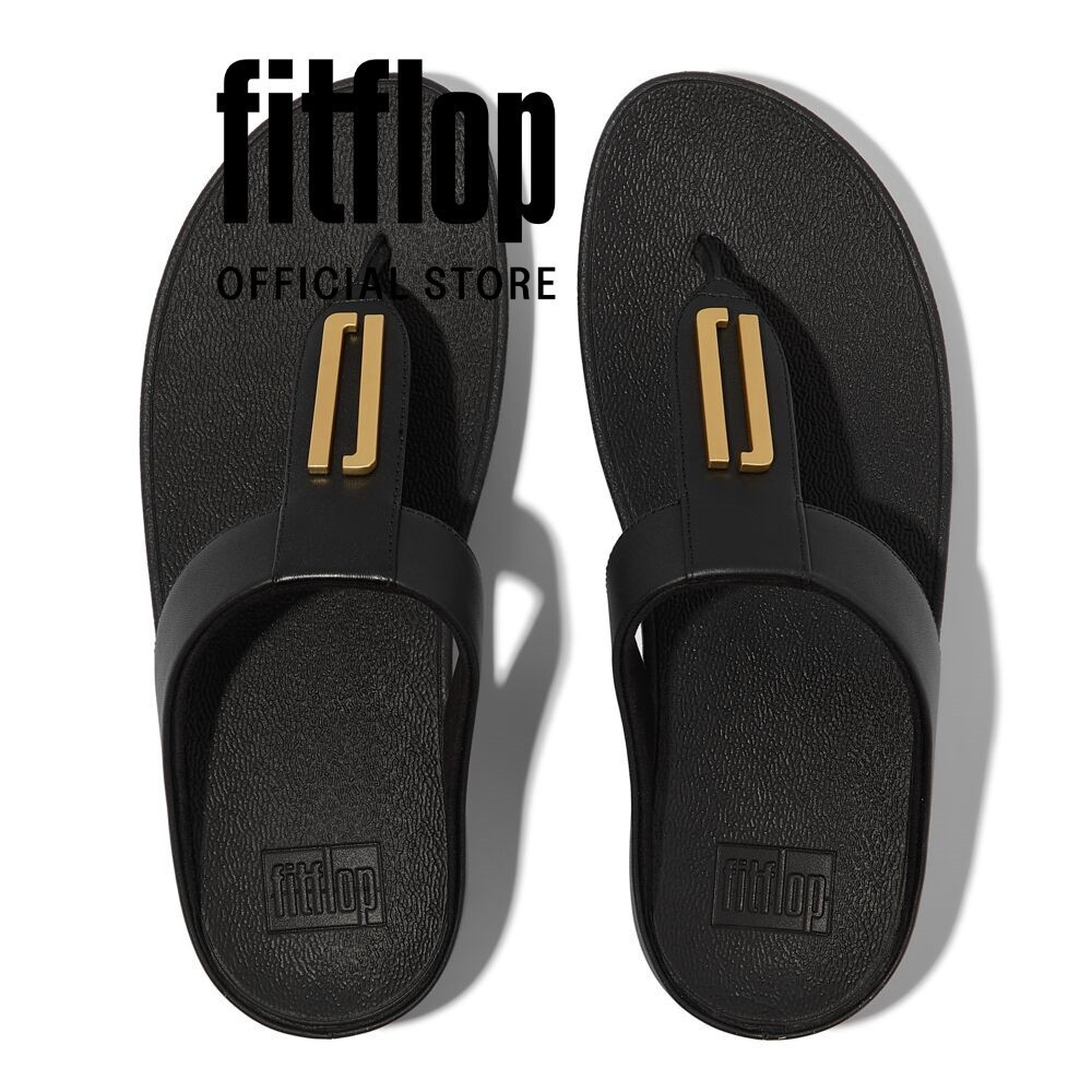 Dép Xăng Đan Nữ FitFlop Da FINO Viền Vàng Xỏ Ngón - Black - FON - IU6-090