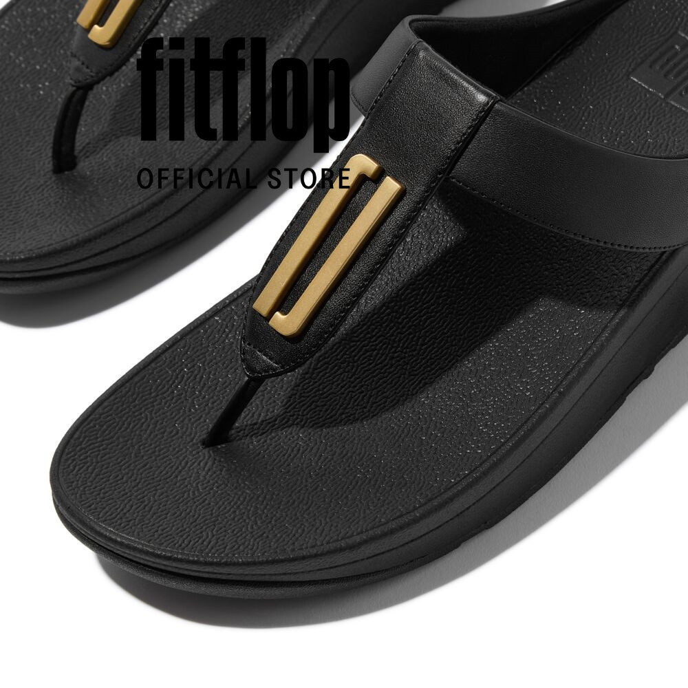 Dép Xăng Đan Nữ FitFlop Da FINO Viền Vàng Xỏ Ngón - Black - FON - IU6-090