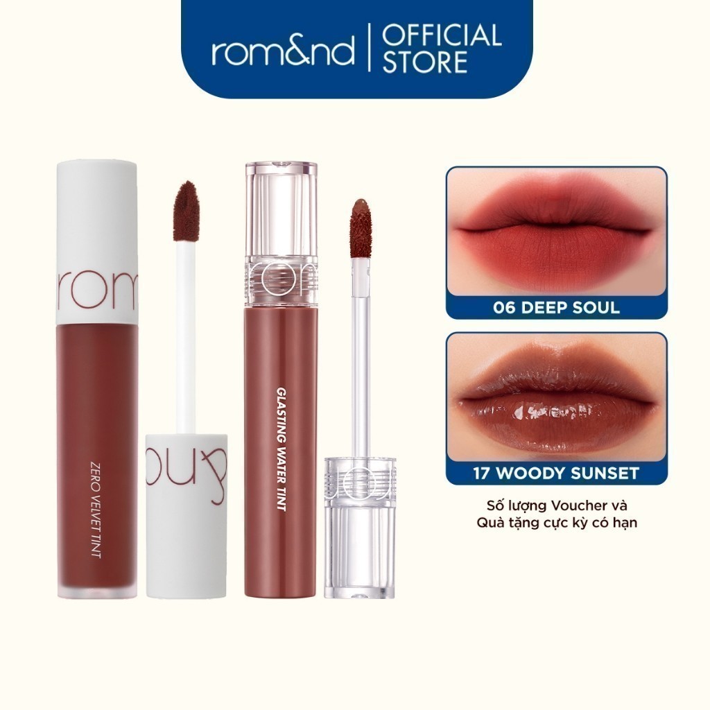 [Rom&nd x KOL] Combo Son kem lì Romand New Zero Velvet Tint 5.5g + Son tint nước Romand Glasting Water Tint 4g
