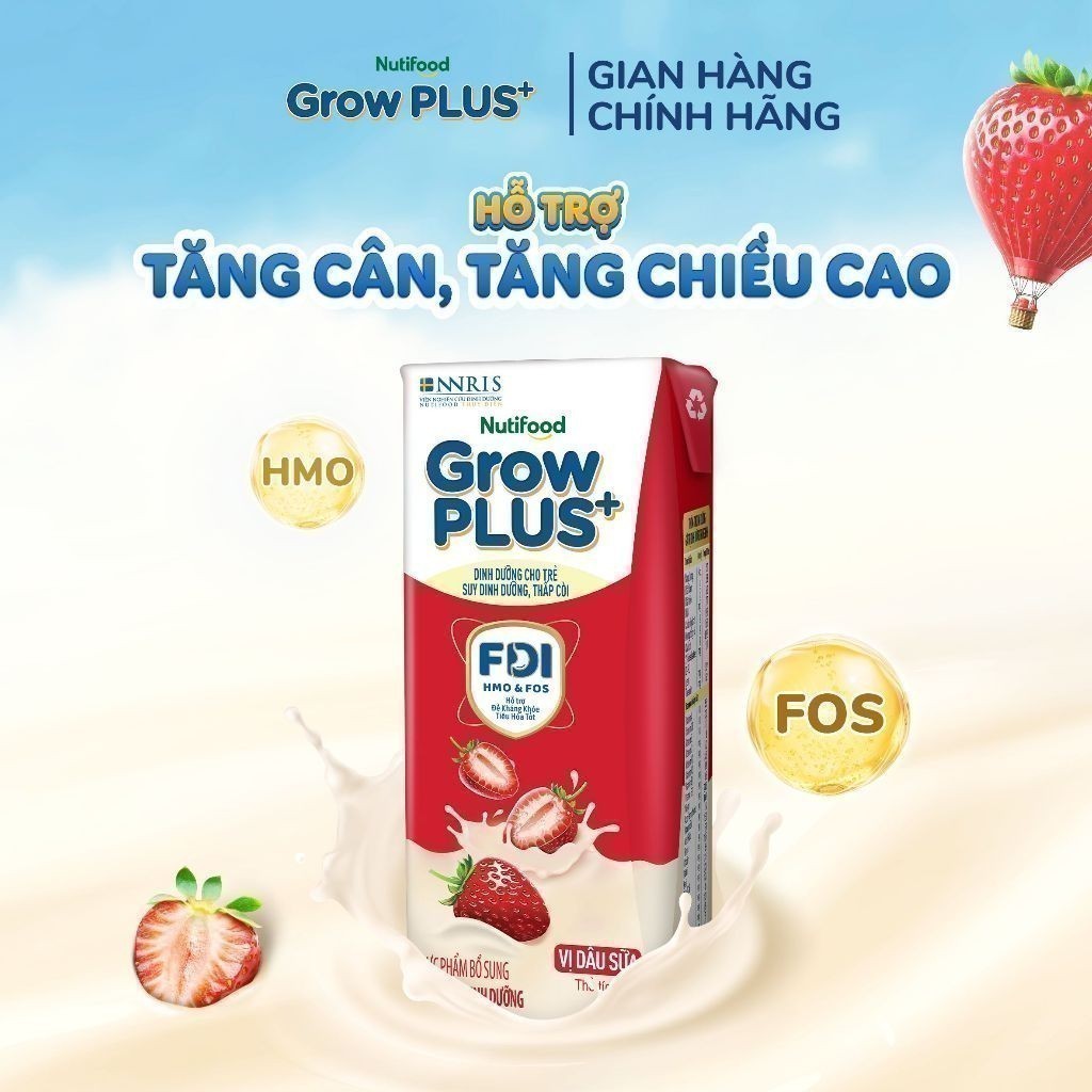 Thùng 24 hộp Sữa bột pha sẵn Nutifood GrowPLUS+ Vị Dâu Sữa hộp 180ml - Trên 1 tuổi (24 hộp x 180ml)