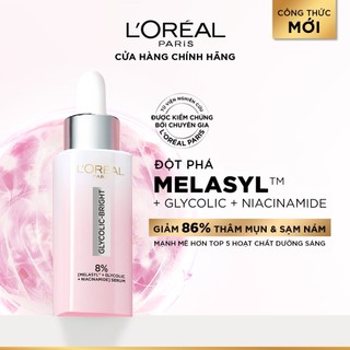 Combo hỗ trợ dưỡng sáng da mờ thâm nám L'oreal Paris Serum Glycolic melasyl 8% 30ml & Kem đêm Glycolic Bright 50ml