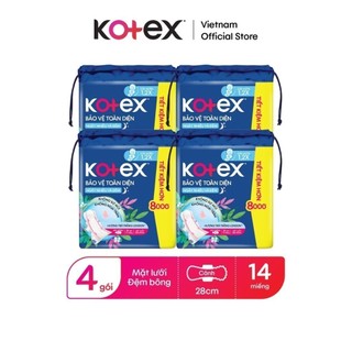 Lốc 4 Băng vệ sinh Kotex Bảo Vệ Toàn Diện Ngày Nhiều và Đêm 28cm Siêu Mỏng Cánh [Bao bì thay đổi theo từng đợt nhập hàng