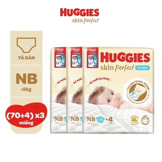 Thùng 3 gói Tã Dán Sơ Sinh Huggies Skin Perfect NB70/S54/S80 Với 2 Vùng Thấm Giảm Kích Ứng Da