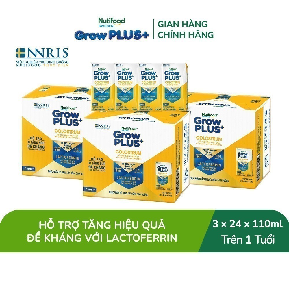Combo 3 Thùng 24 hộp Sữa bột pha sẵn Nutifood Sweden GrowPLUS+ Colostrum Lactoferrin 110ml