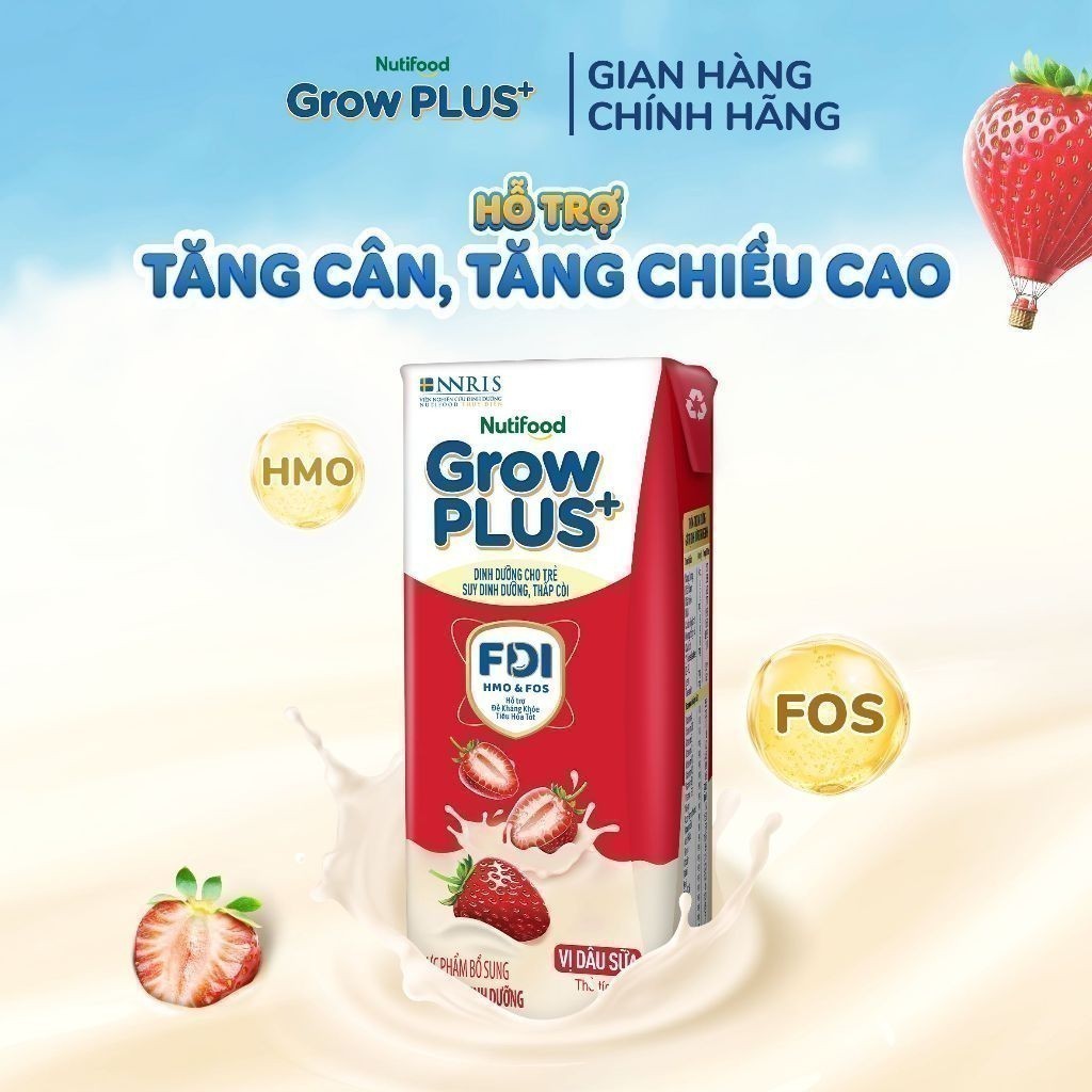 Combo 2 Thùng 24 hộp Sữa bột pha sẵn Nutifood GrowPLUS+ Vị Dâu Sữa hộp 180ml - Trên 1 tuổi