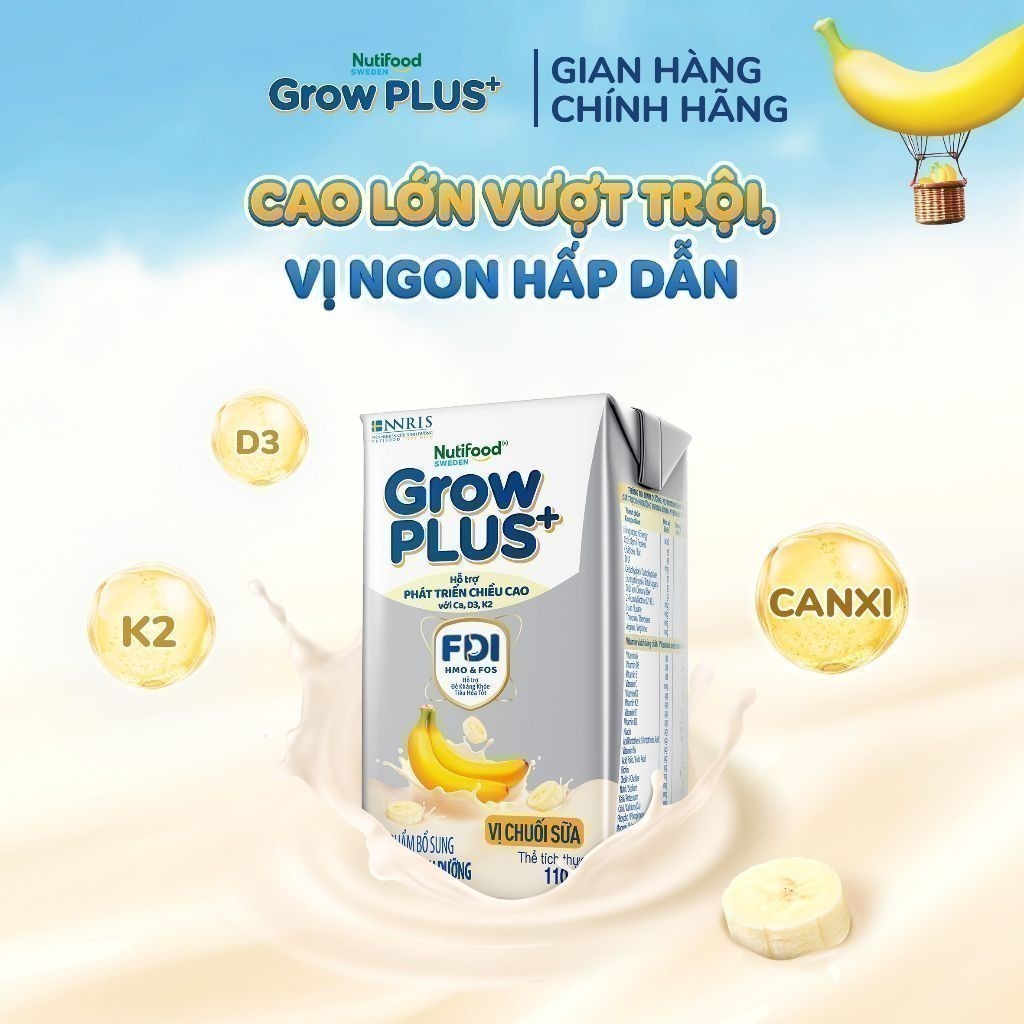 Combo 2 Thùng 24 hộp Sữa bột pha sẵn Nutifood Sweden GrowPLUS+ Vị Chuối Sữa hộp 110ml Trên 1 tuổi