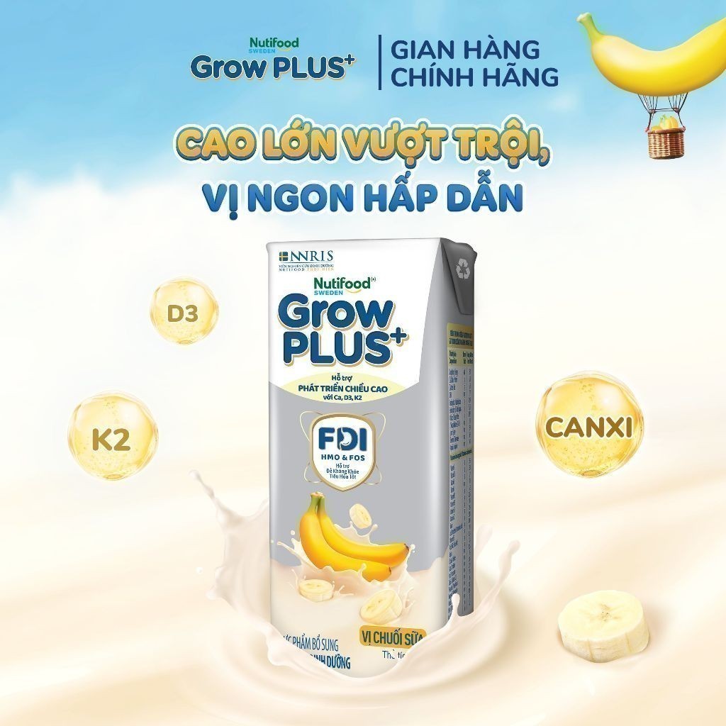 Combo 3 Thùng 24 hộp Sữa bột pha sẵn Nutifood Sweden GrowPLUS+ Vị Chuối Sữa hộp 180ml - Trên 1 tuổi