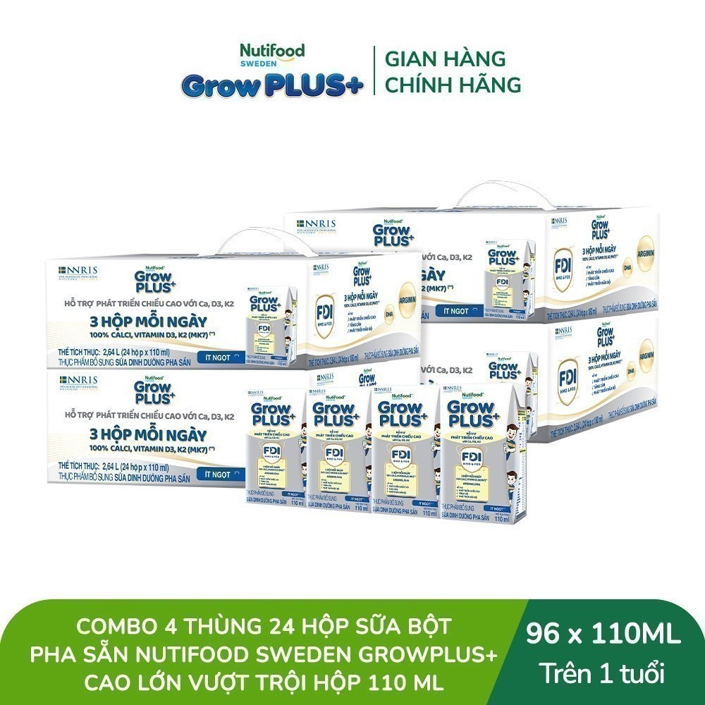 Combo 4 Thùng 24 hộp Sữa Bột Pha Sẵn Nutifood Sweden GrowPLUS+ Cao lớn vượt trội hộp 110 ml