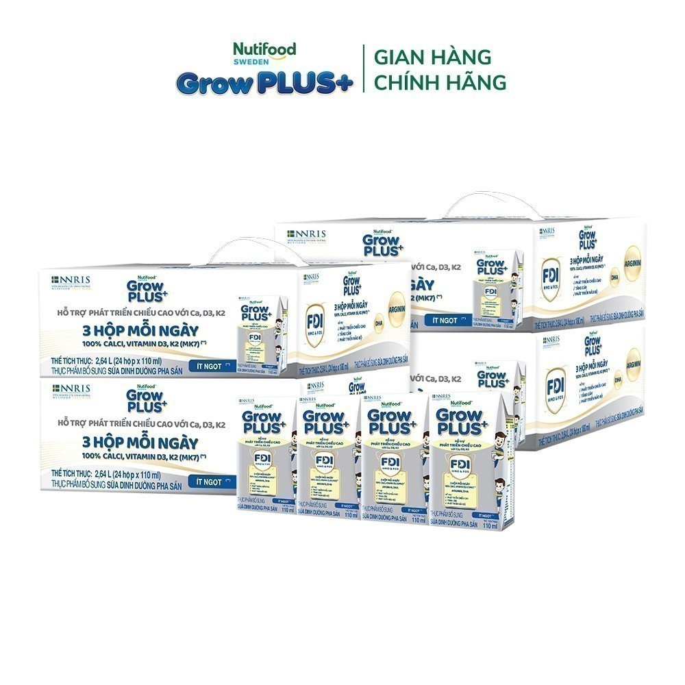 Combo 4 Thùng 24 hộp Sữa Bột Pha Sẵn Nutifood Sweden GrowPLUS+ Cao lớn vượt trội hộp 110 ml