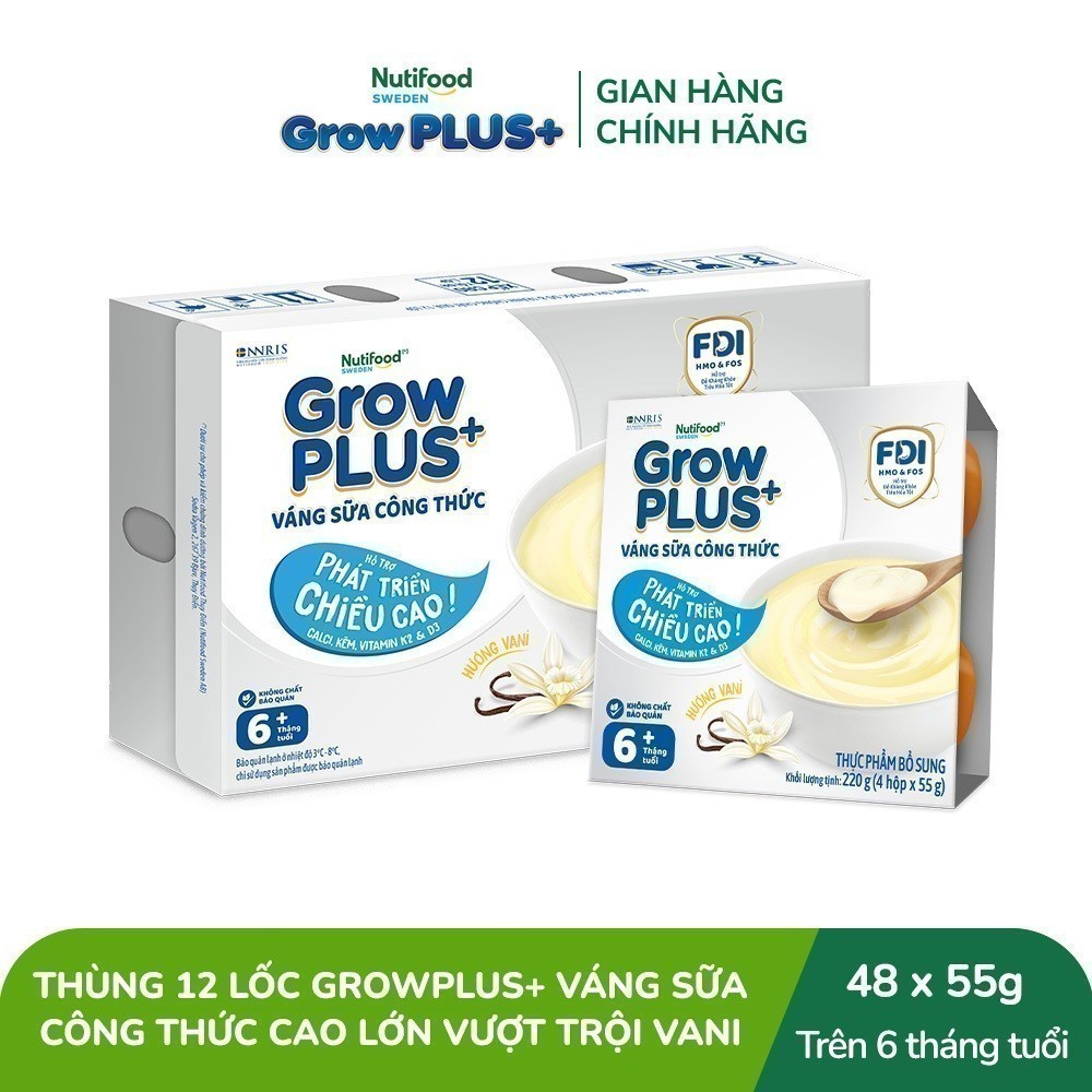 Thùng 12 lốc GrowPLUS+ Váng sữa công thức Cao lớn vượt trội Vani & Socola (55g x 48 hộp)