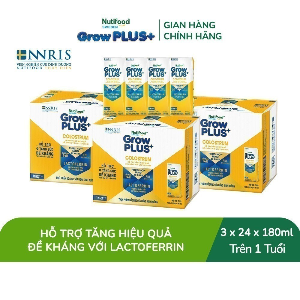 Combo 3 Thùng 24 hộp Sữa bột pha sẵn Nutifood Sweden GrowPLUS+ Colostrum Lactoferrin 180ml