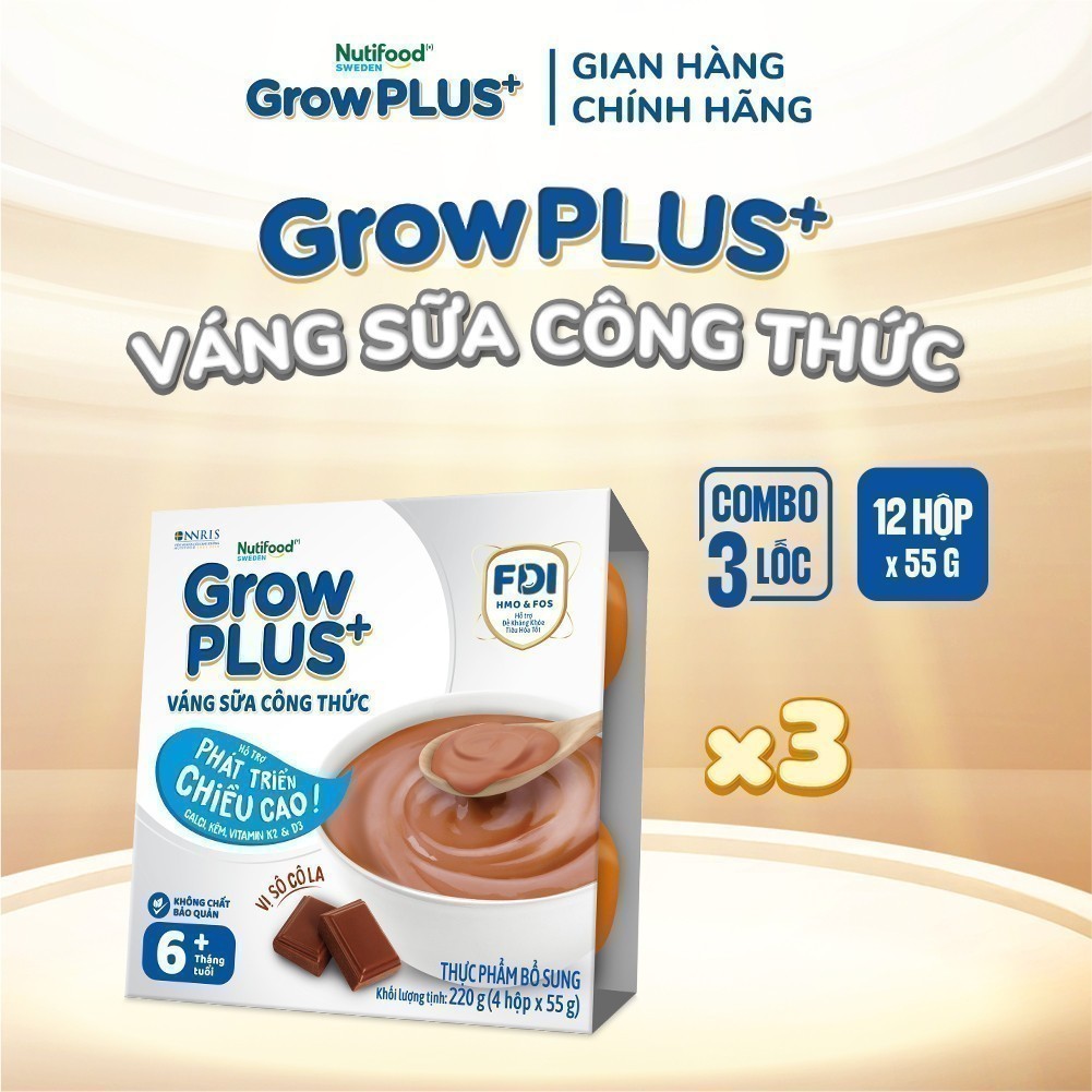 Combo 3 lốc GrowPLUS+ Váng sữa công thức Cao lớn vượt trội Vani & Socola (55g x 12 hộp)