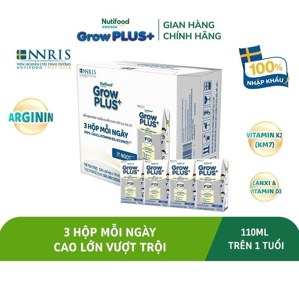 Thùng 24 hộp Sữa Bột Pha Sẵn Nutifood Sweden GrowPLUS+ Cao lớn vượt trội hộp 110 ml