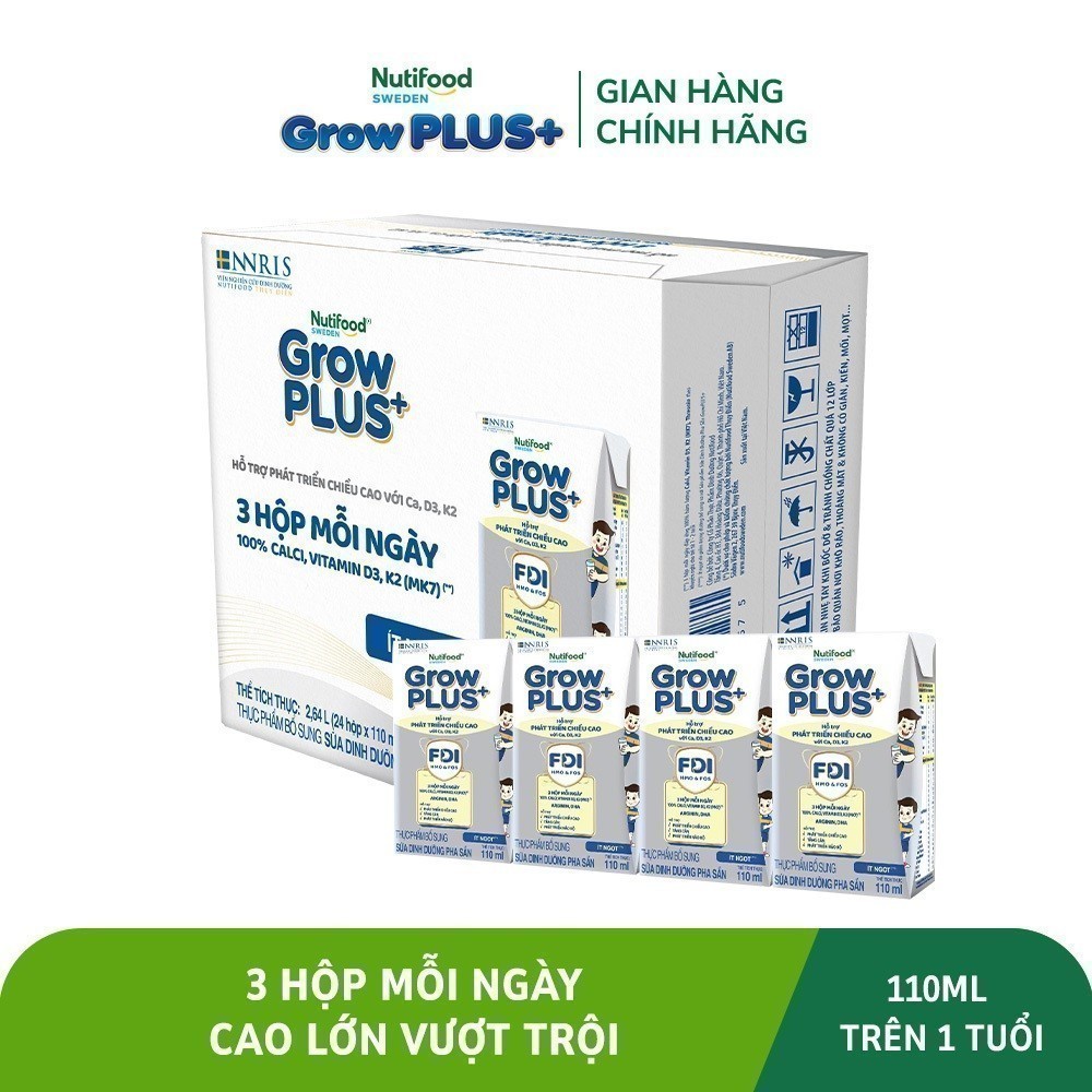 Thùng 24 hộp Sữa Bột Pha Sẵn Nutifood Sweden GrowPLUS+ Cao lớn vượt trội hộp 110 ml