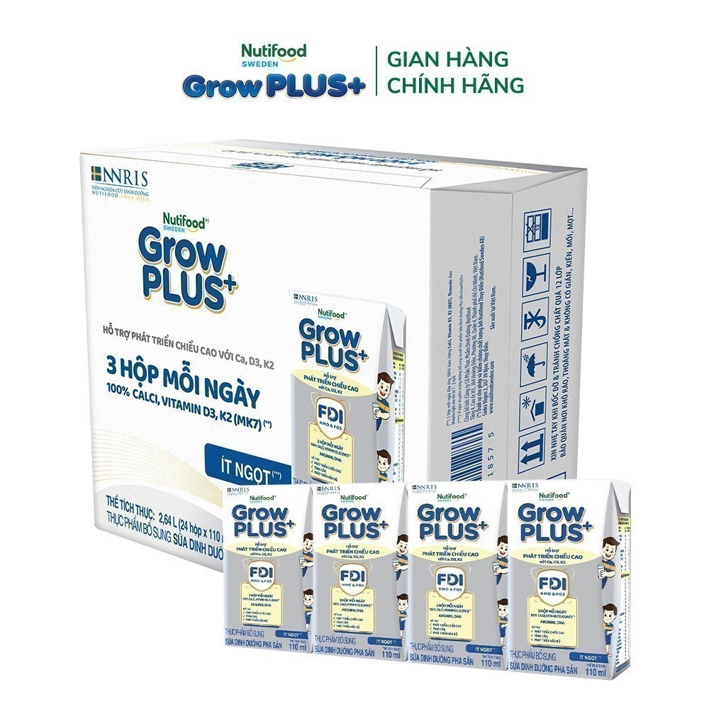 Thùng 24 hộp Sữa Bột Pha Sẵn Nutifood Sweden GrowPLUS+ Cao lớn vượt trội hộp 110 ml