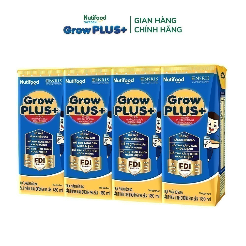 Thùng Sữa Bột Pha Sẵn Nutifood GrowPLUS+ Xanh (Biếng Ăn) 180ml  -Trên 2 tuổi - Tăng Cân Khỏe Mạnh (48 Hộp x 180ml)