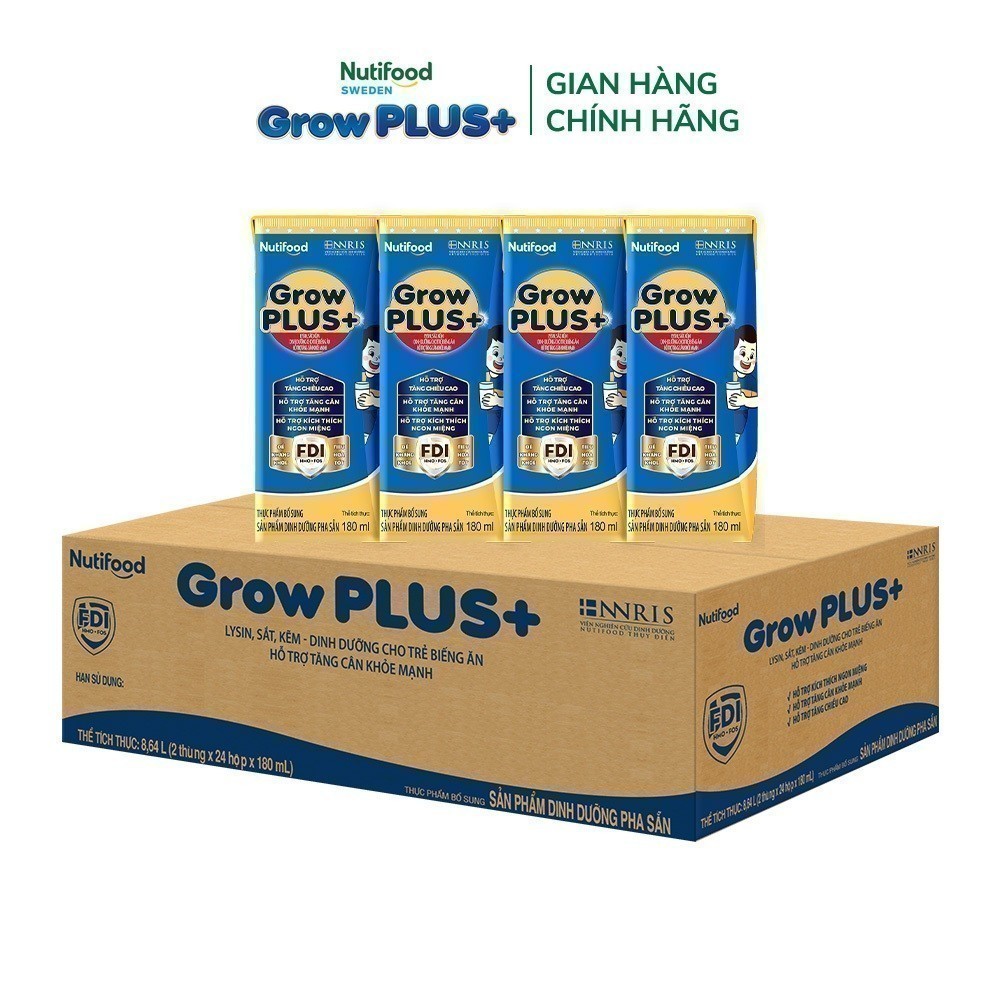 Thùng Sữa Bột Pha Sẵn Nutifood GrowPLUS+ Xanh (Biếng Ăn) 180ml  -Trên 2 tuổi - Tăng Cân Khỏe Mạnh (48 Hộp x 180ml)